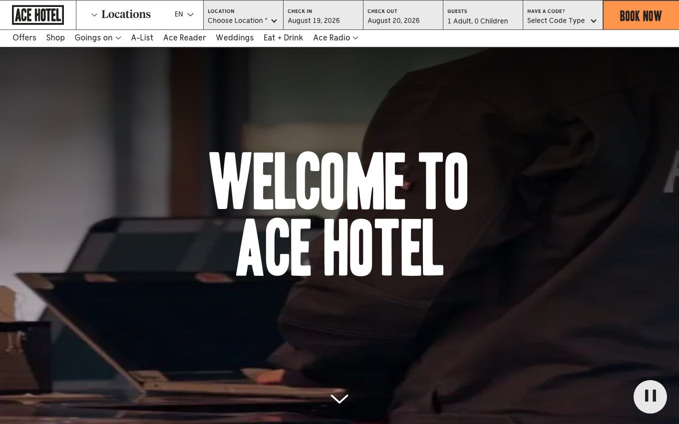 Page d'accueil du site officiel Ace Hôtel