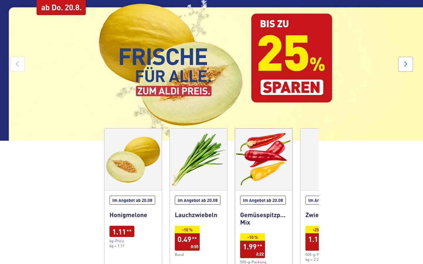 Page d'accueil du site officiel Aldi