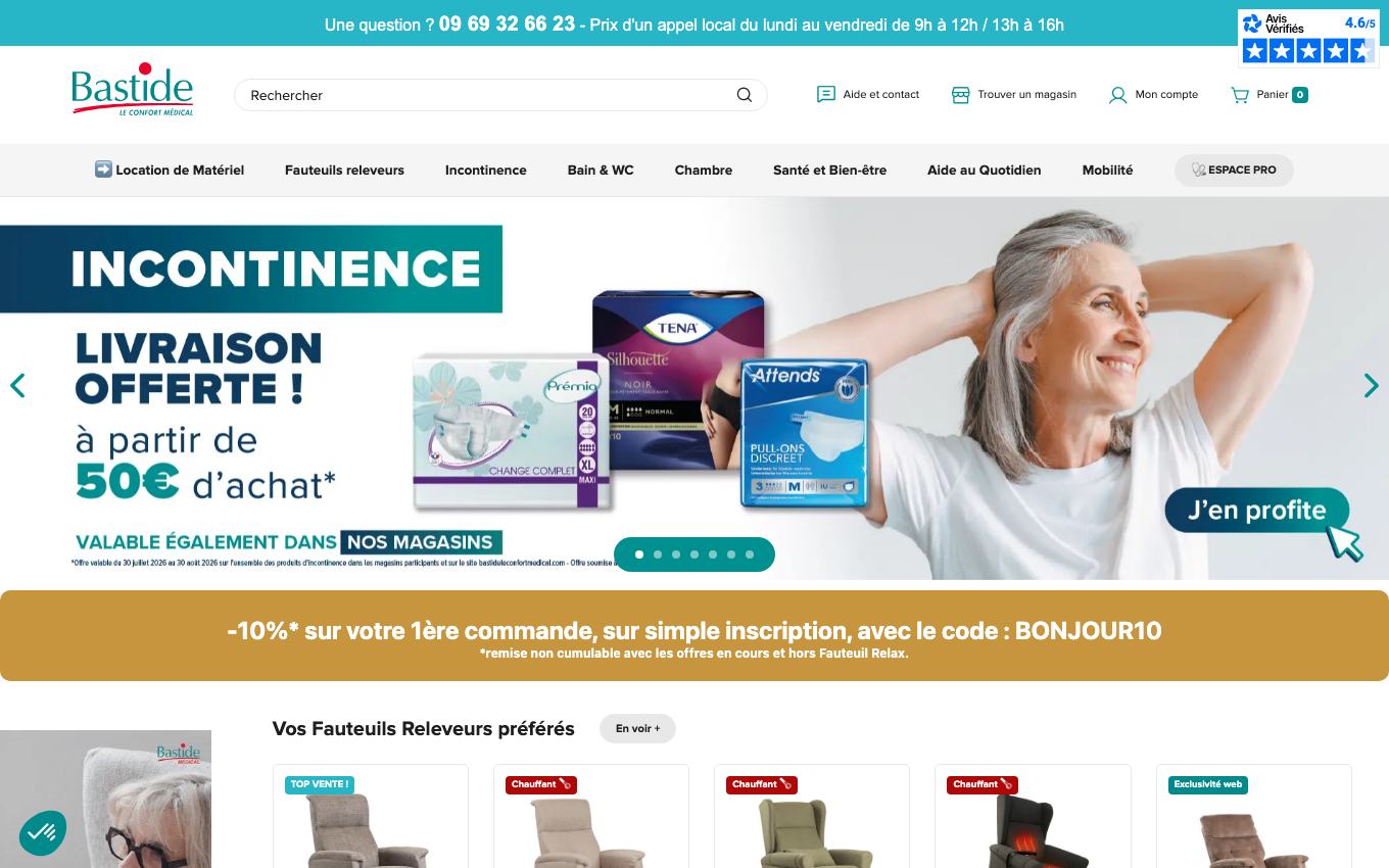 Page d'accueil du site officiel Bastide le confort médical
