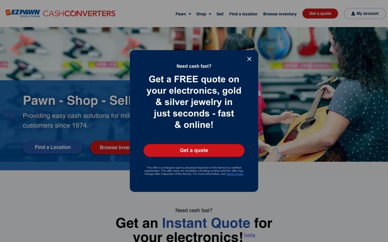 Page d'accueil du site officiel Cash Converters