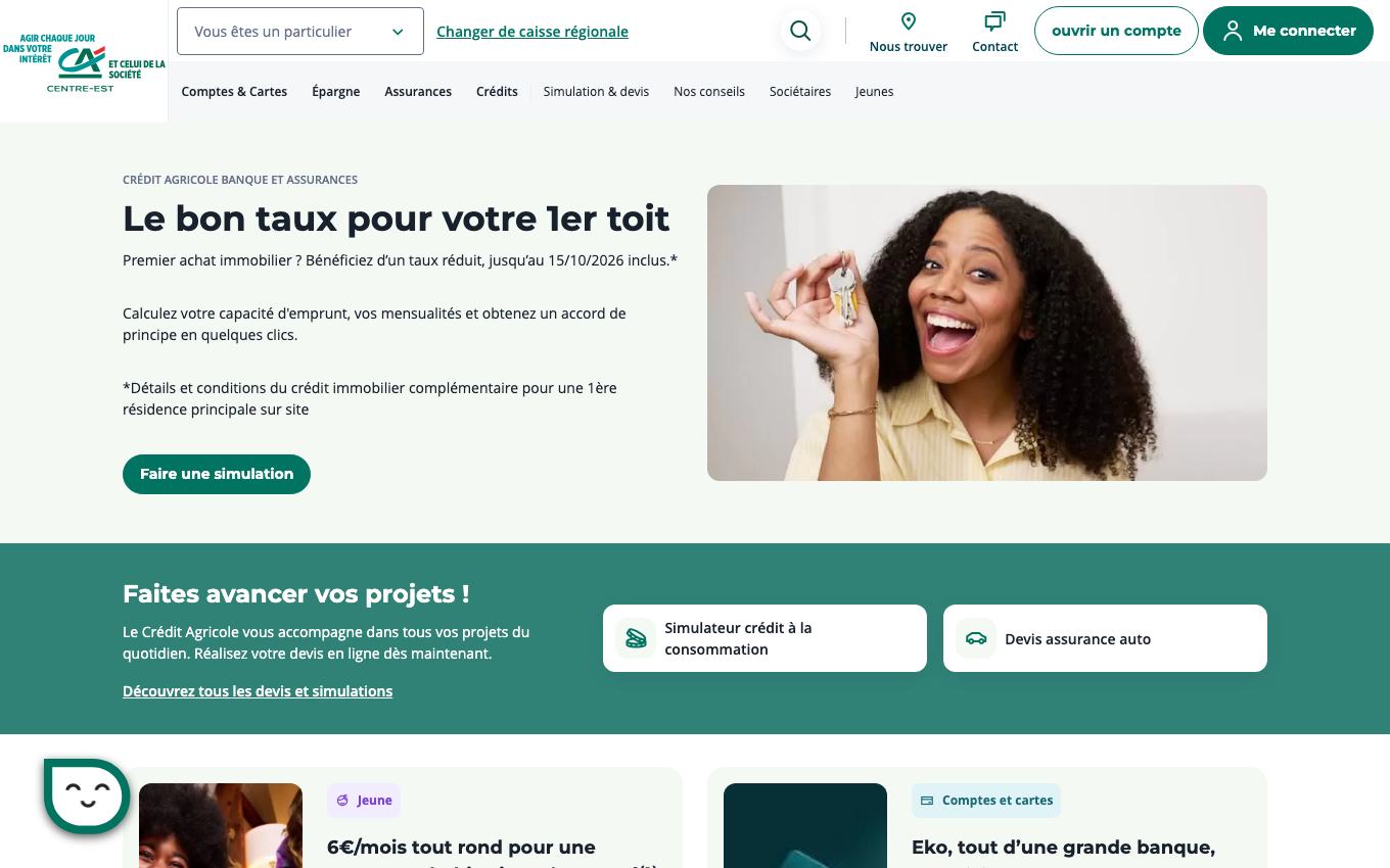 Page d'accueil du site officiel Crédit agricole Centre-est