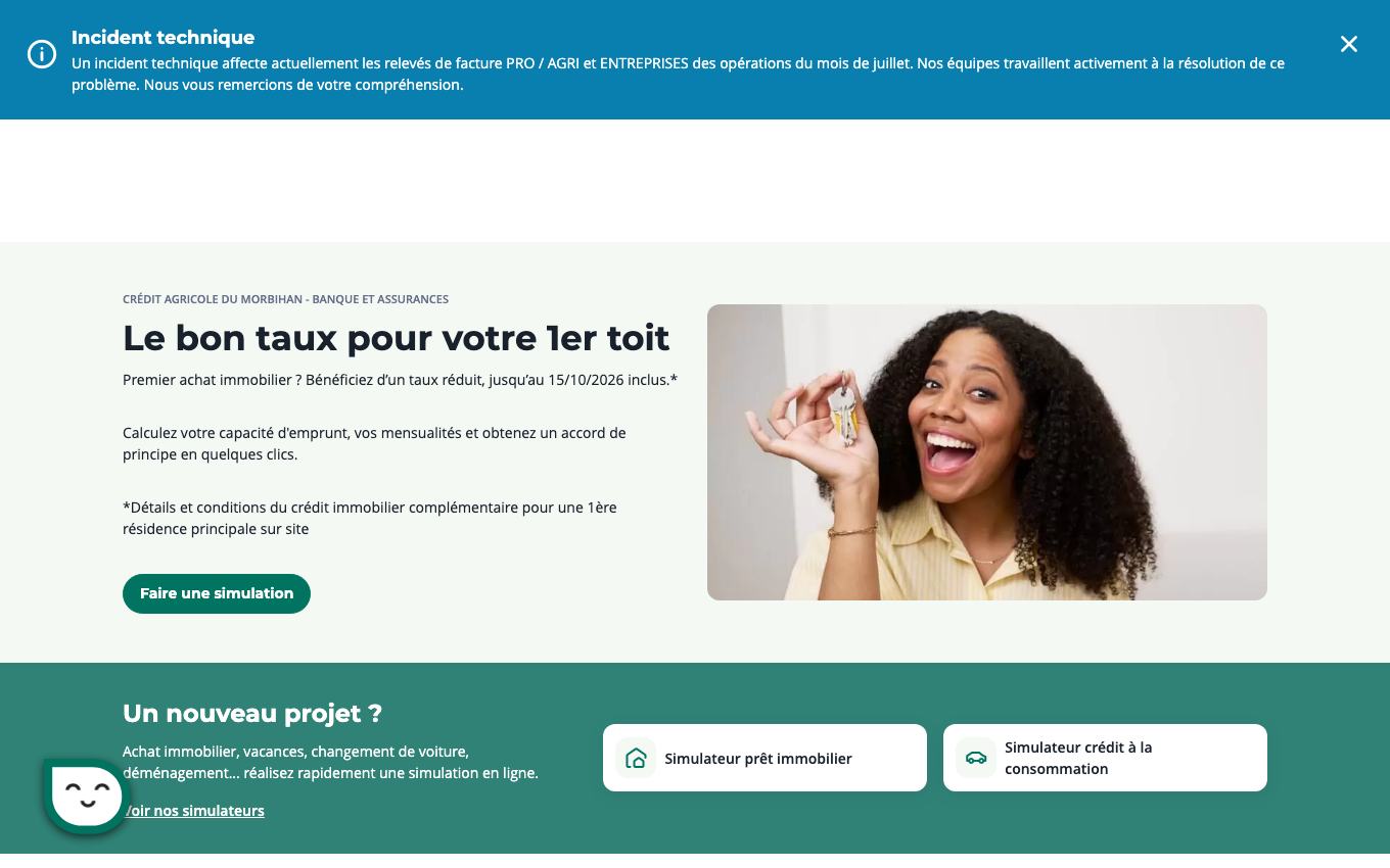 Page d'accueil du site officiel Crédit agricole du Morbihan