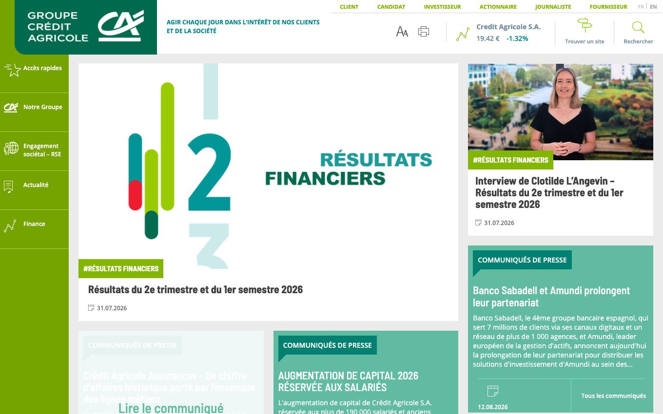 Page d'accueil du site officiel Crédit Agricole