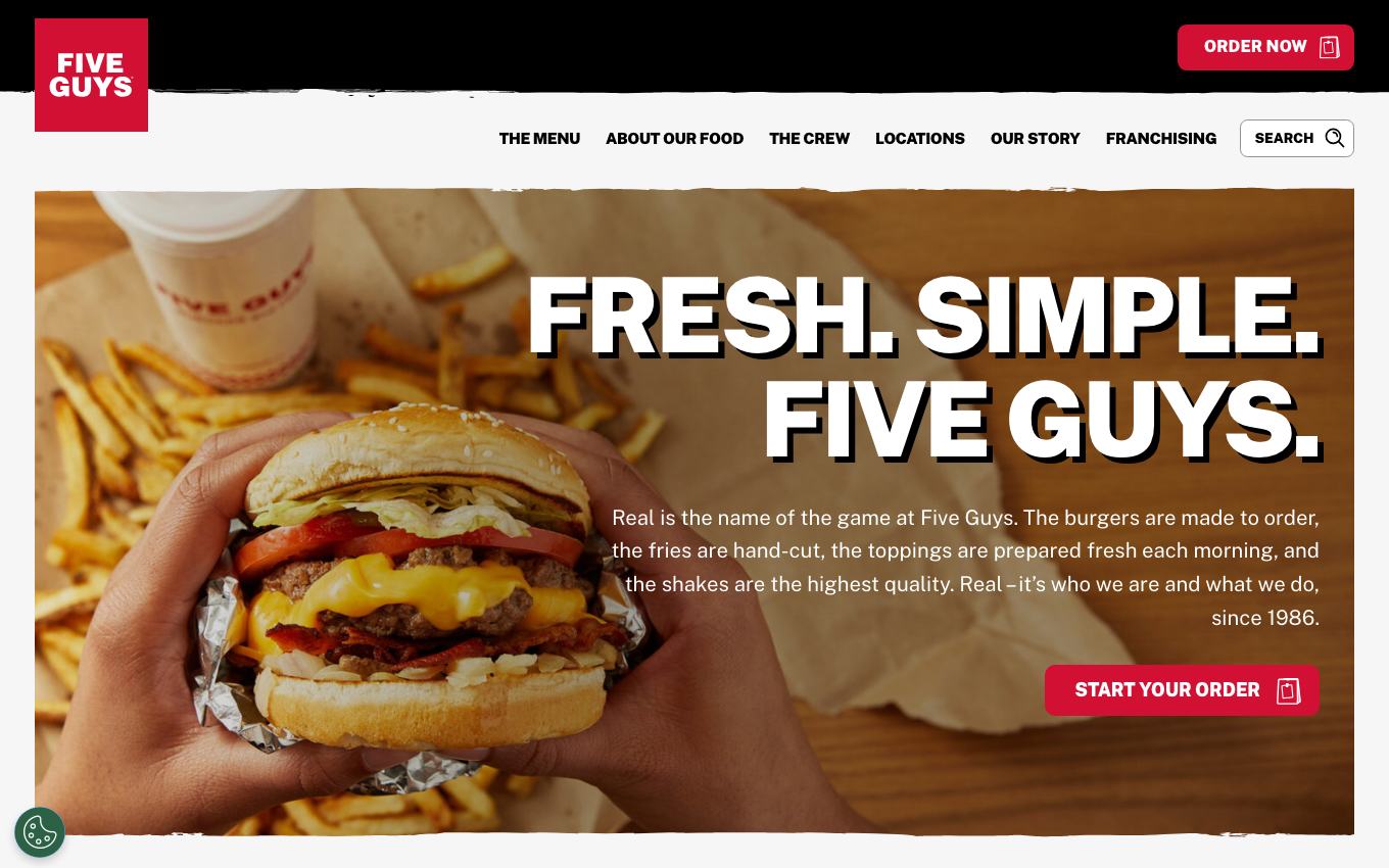 Page d'accueil du site officiel Five Guys