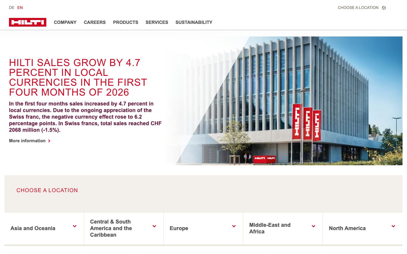 Page d'accueil du site officiel Hilti