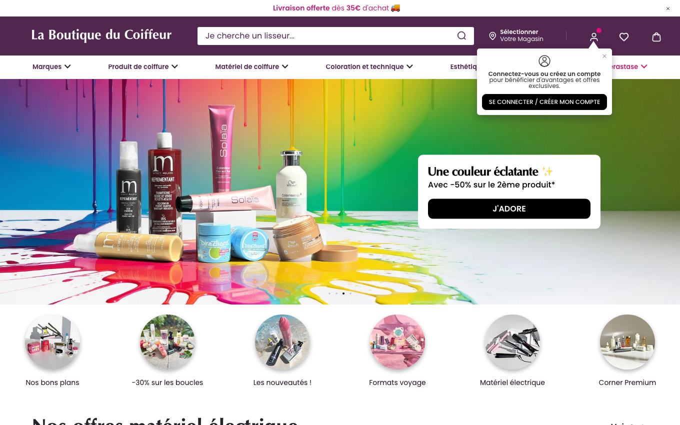 Page d'accueil du site officiel La Boutique du Coiffeur