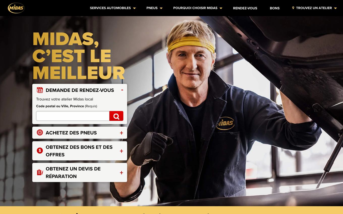 Page d'accueil du site officiel Midas