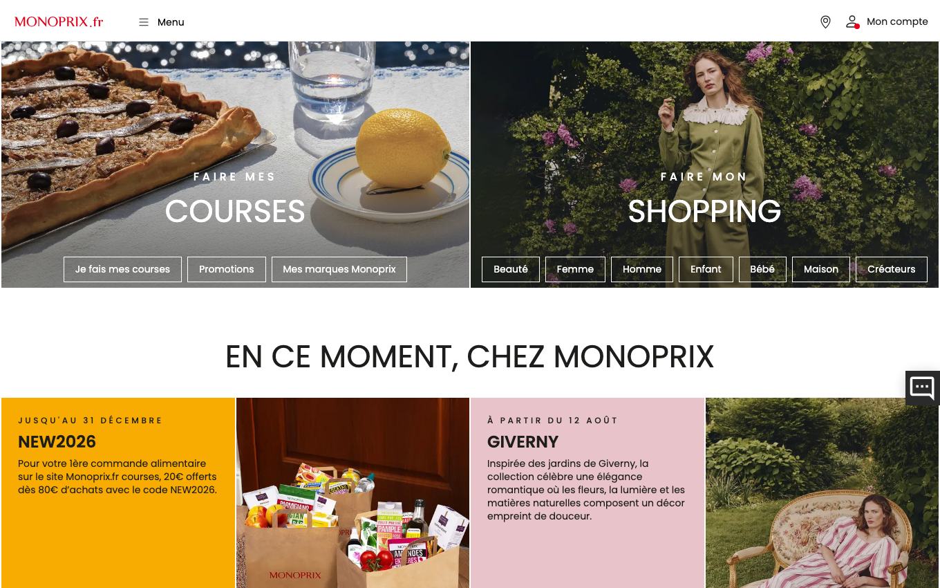 Page d'accueil du site officiel Monoprix