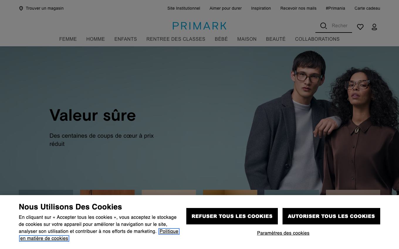 Page d'accueil du site officiel Primark