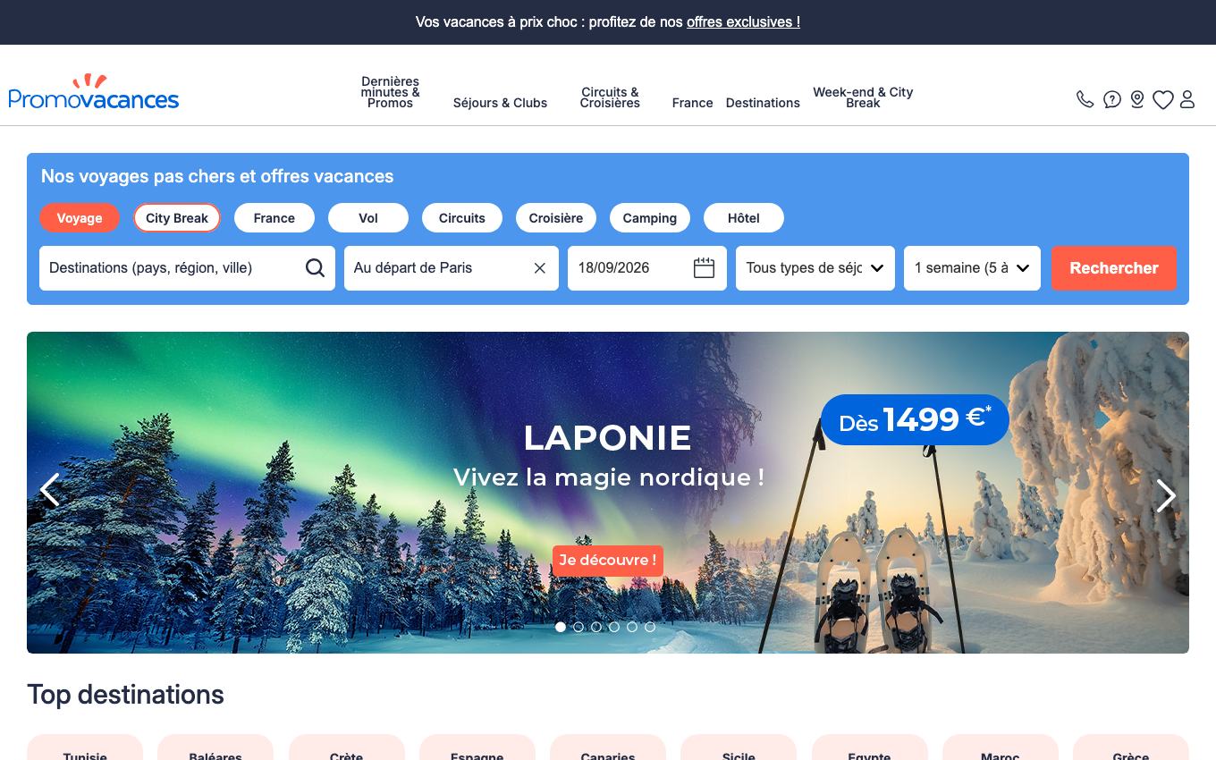 Page d'accueil du site officiel Promovacances