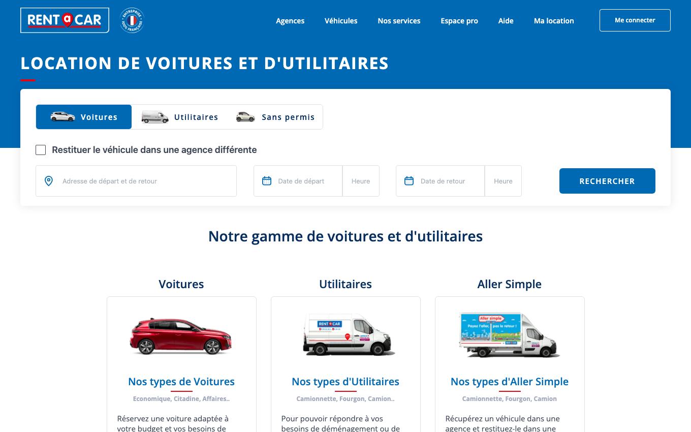 Page d'accueil du site officiel Rent A Car