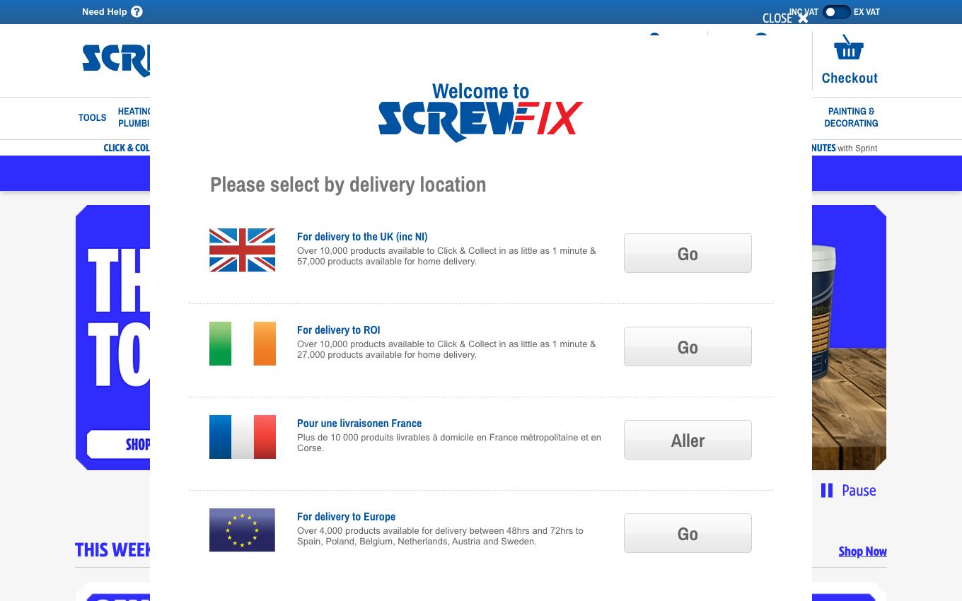 Page d'accueil du site officiel Screwfix