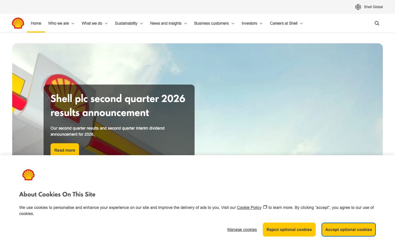 Page d'accueil du site officiel Shell