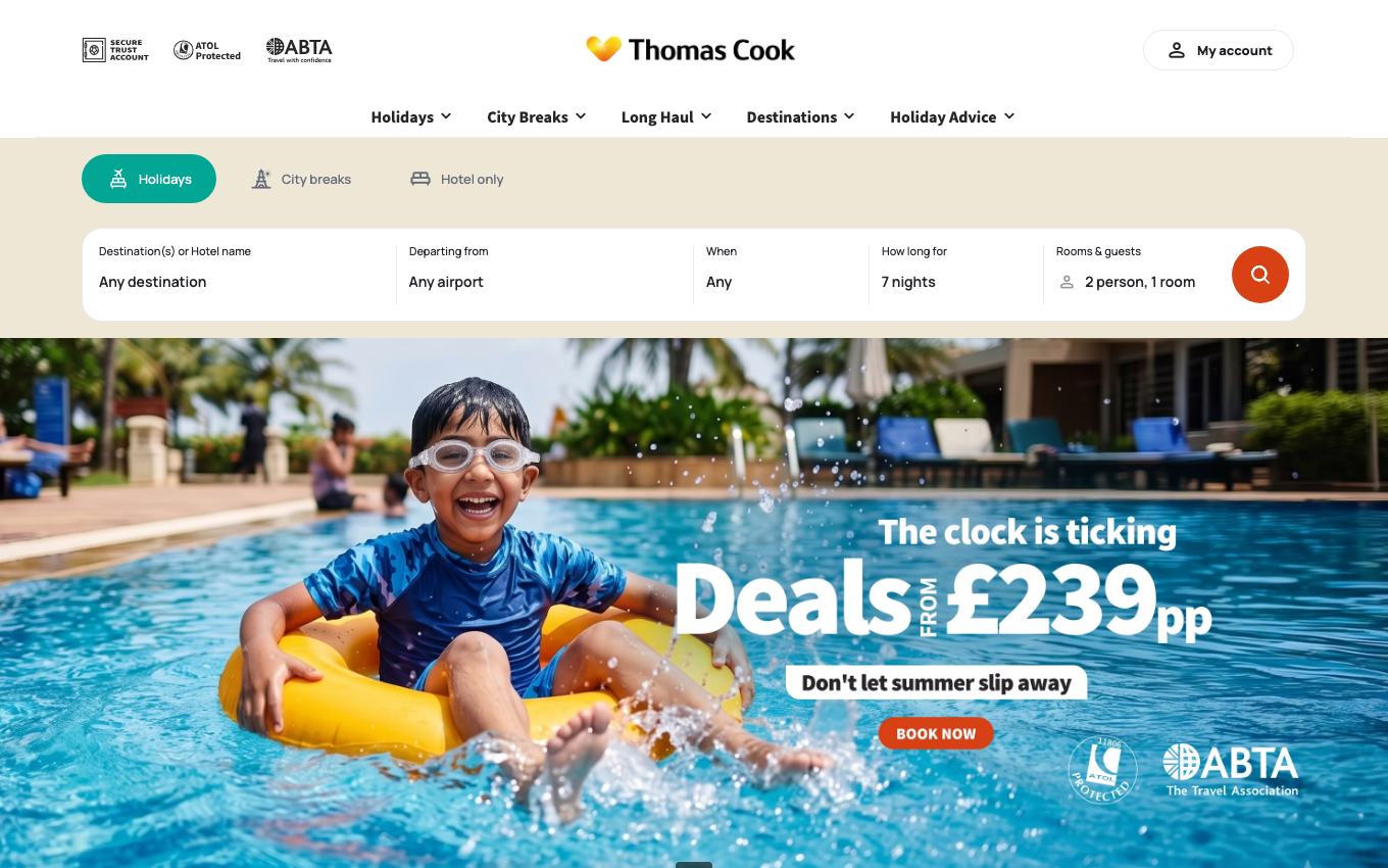 Page d'accueil du site officiel Thomas Cook