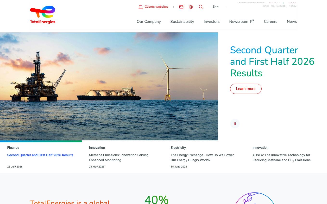 Page d'accueil du site officiel TotalEnergies
